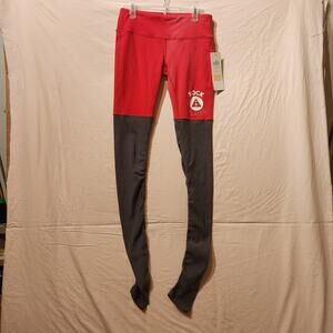 Alo Yoga Sz S/M Leggings Goddess Ribbed Mid Low Rise Red Gray Colorblock Branded